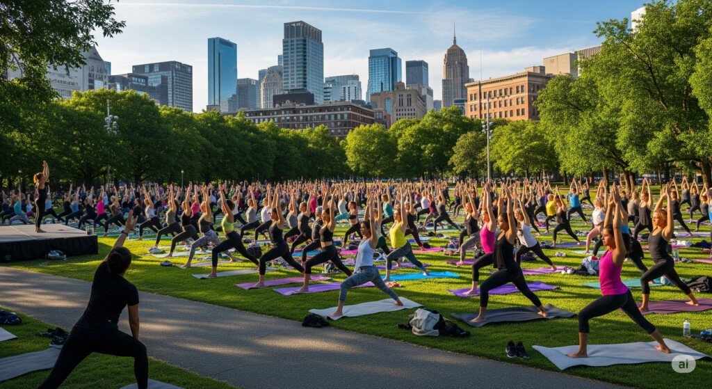 Hundreds of people practicing yoga together at a public event for International Yoga Day