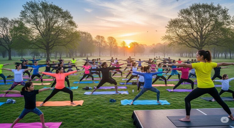 Global community practicing yoga outdoors together on International Yoga Day.