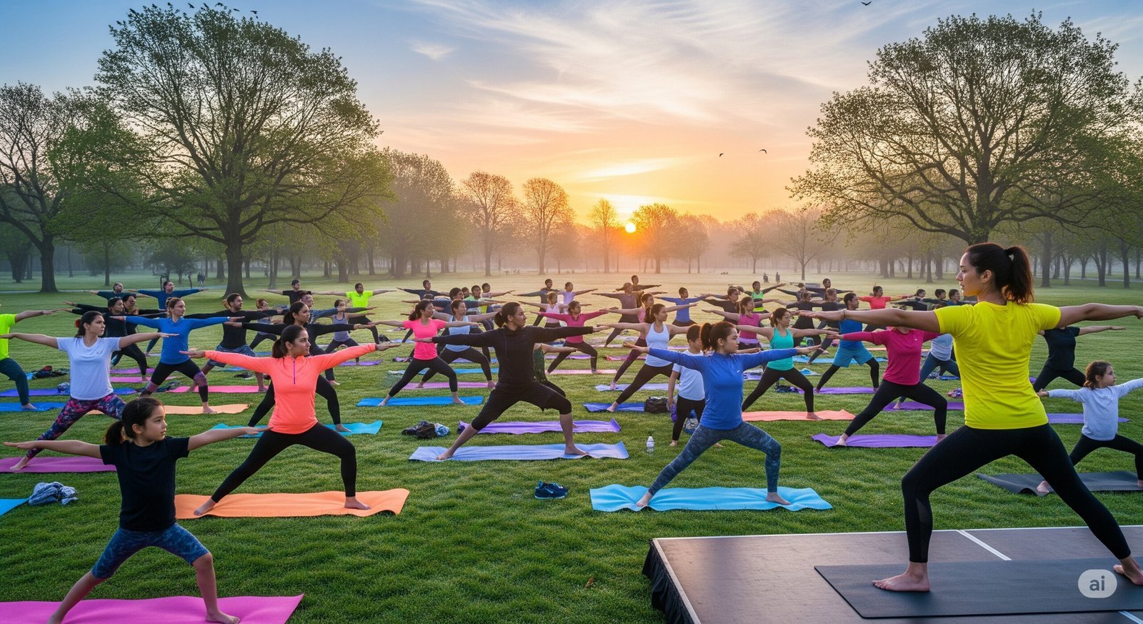 Global community practicing yoga outdoors together on International Yoga Day.
