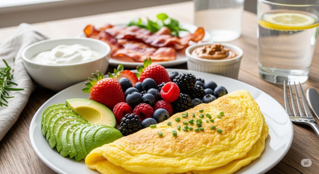 Delicious low carb breakfast for weight loss with omelet and berries