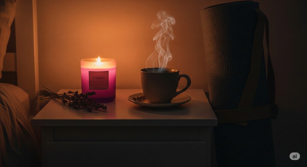 Relaxing night yoga setup with candle, tea, and yoga mat to create a calming bedtime environment.