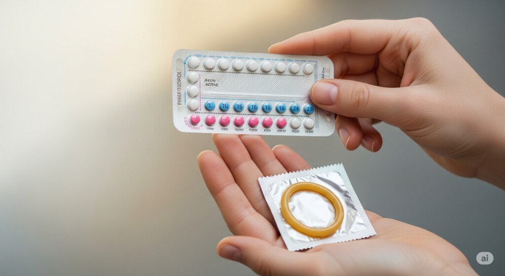 Hands holding a birth control pill pack and a condom, illustrating the use of both for protection.