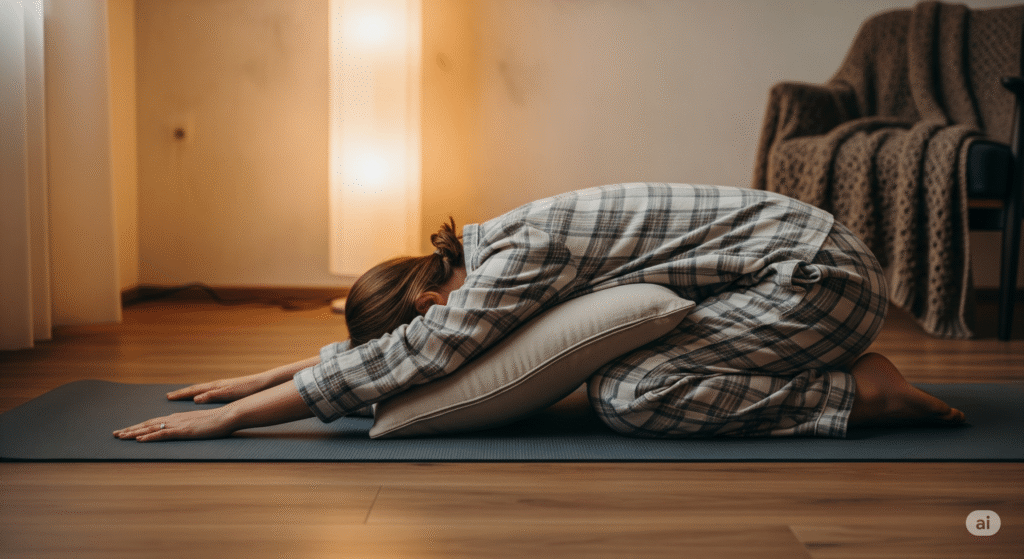 Gentle Child’s Pose yoga posture to release tension and prepare for restful sleep.