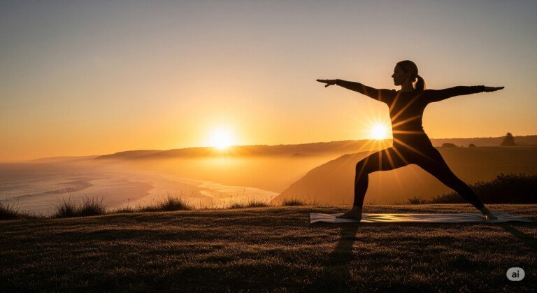 Woman practicing yoga for weight loss in Warrior II pose at sunrise on yoga mat