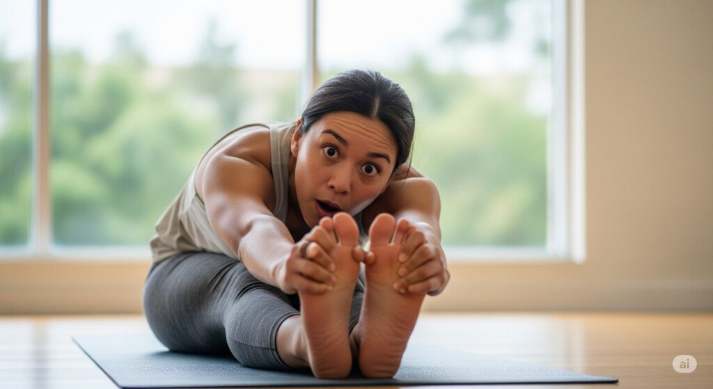 Yoga accident in Seated Forward Bend causing laughter.
