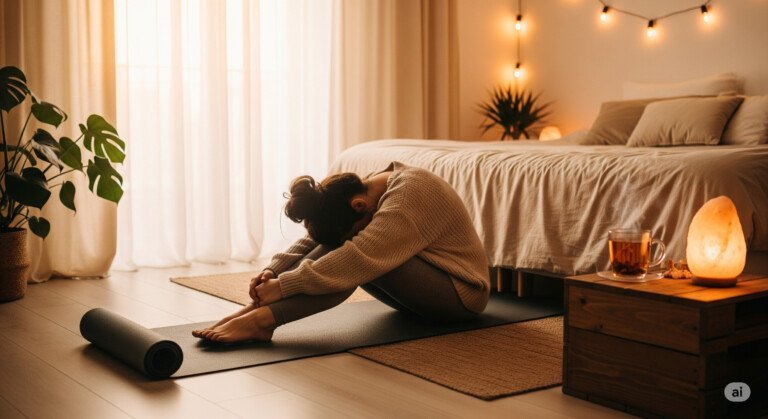 Cozy bedroom scene with a woman practicing bedtime yoga poses for relaxation and deep sleep.