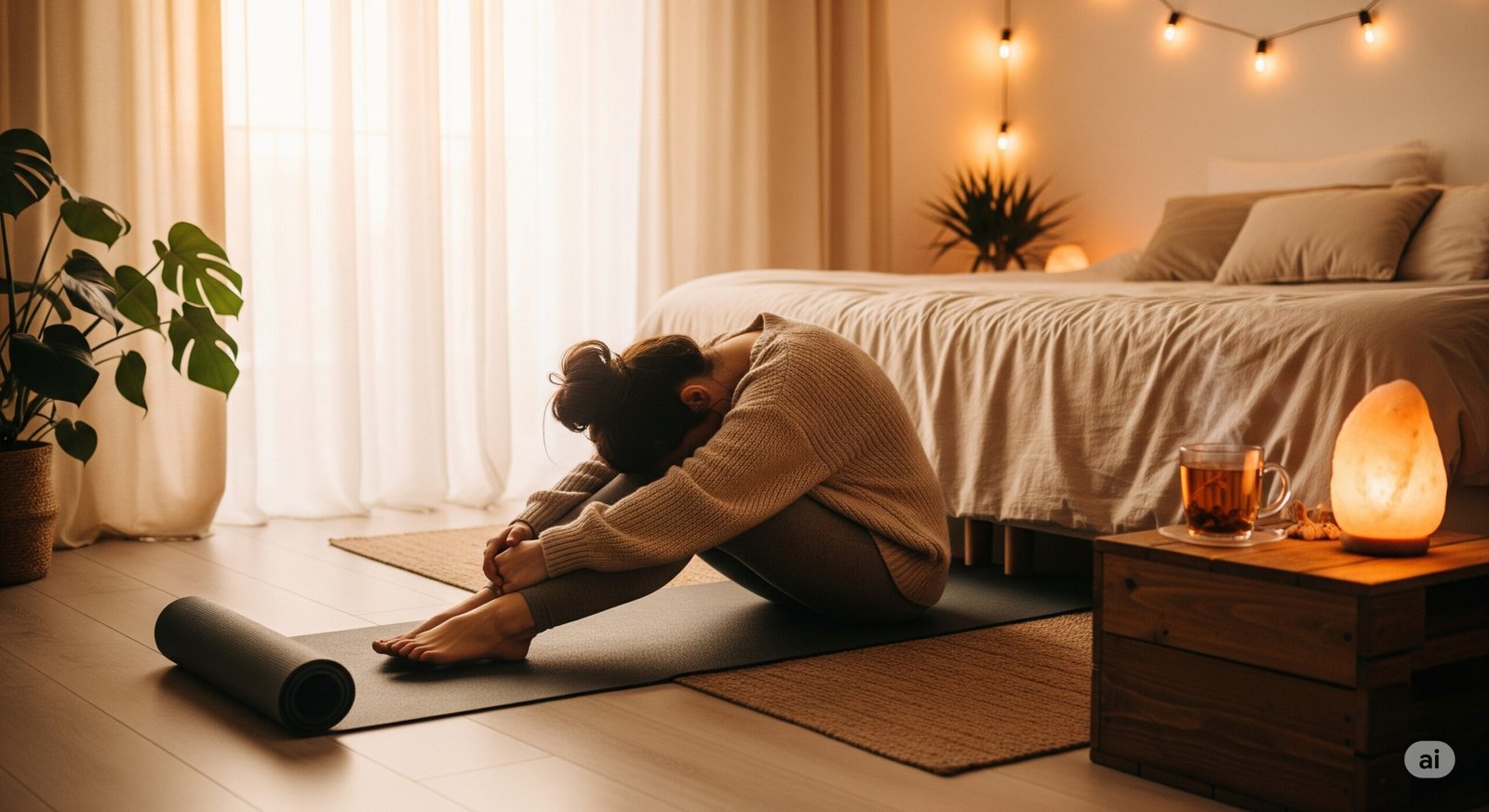 Cozy bedroom scene with a woman practicing bedtime yoga poses for relaxation and deep sleep.