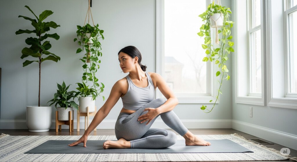 Seated yoga twist for digestion relief and improving gut health.