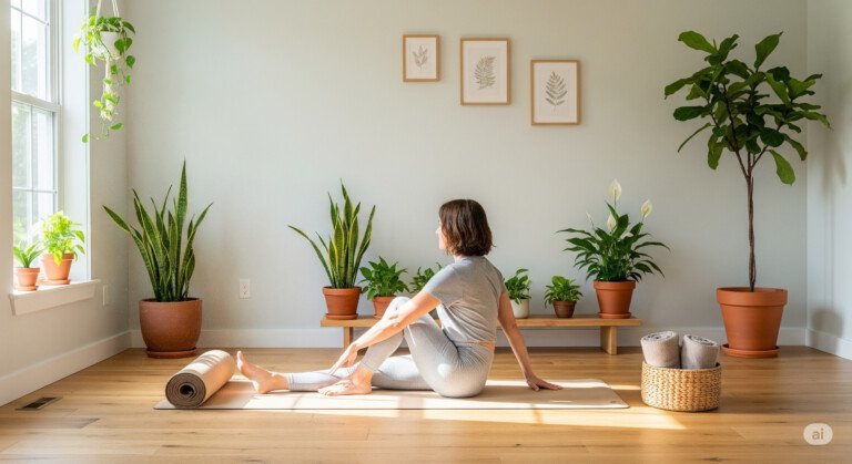 Yoga for digestion with Seated Spinal Twist to ease bloating and improve gut health in a calm home setting.