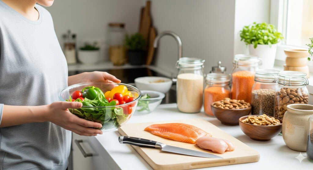 A person preparing a meal with high-protein and high-fiber ingredients, representing a targeted approach to fat burning after 40