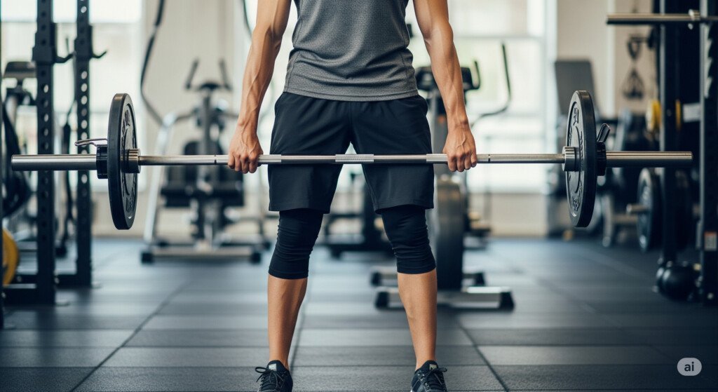 An individual demonstrating the starting position of the upright row, a strength exercise targeting shoulders and upper back muscles.