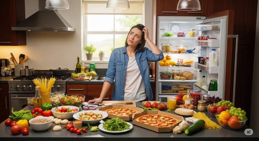 Confused person choosing foods, highlighting common diet mistakes