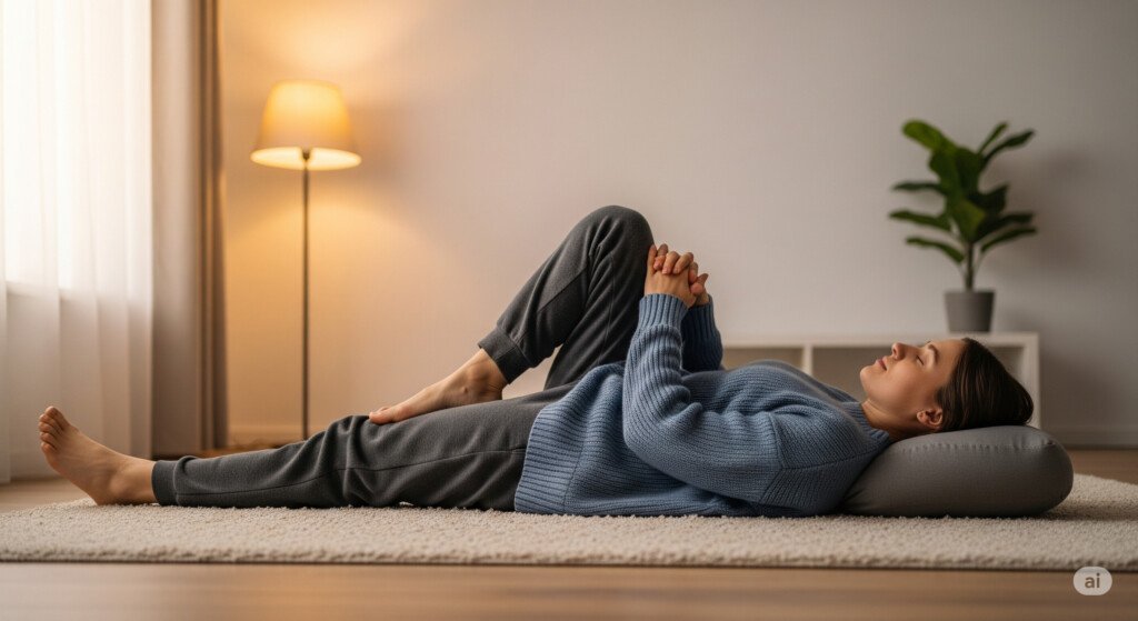 Wind-Relieving Pose yoga posture to ease bloating and support gut function
