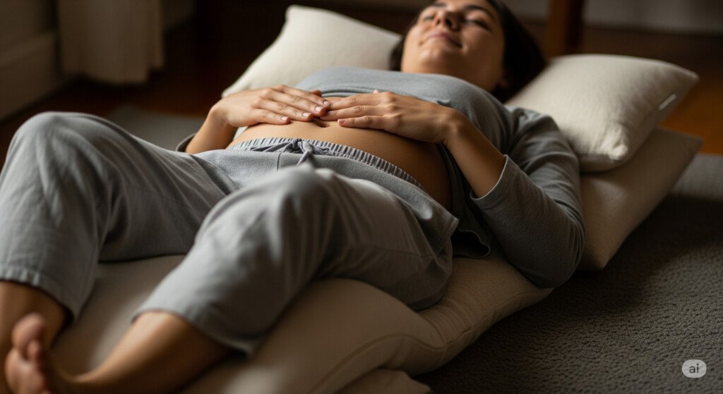 Restorative Supine Bound Angle Pose to relax hips and promote deep sleep.