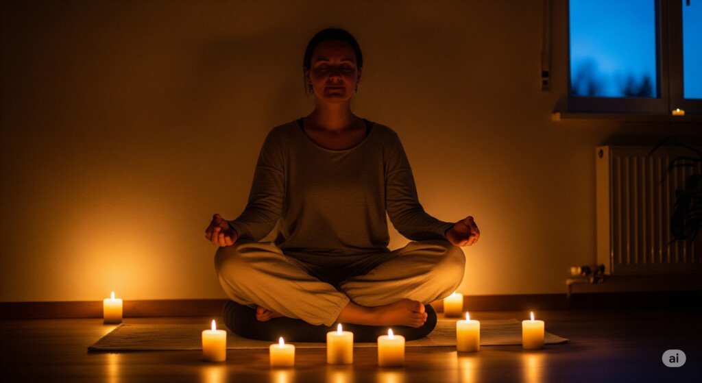 Evening gratitude meditation with warm candlelight