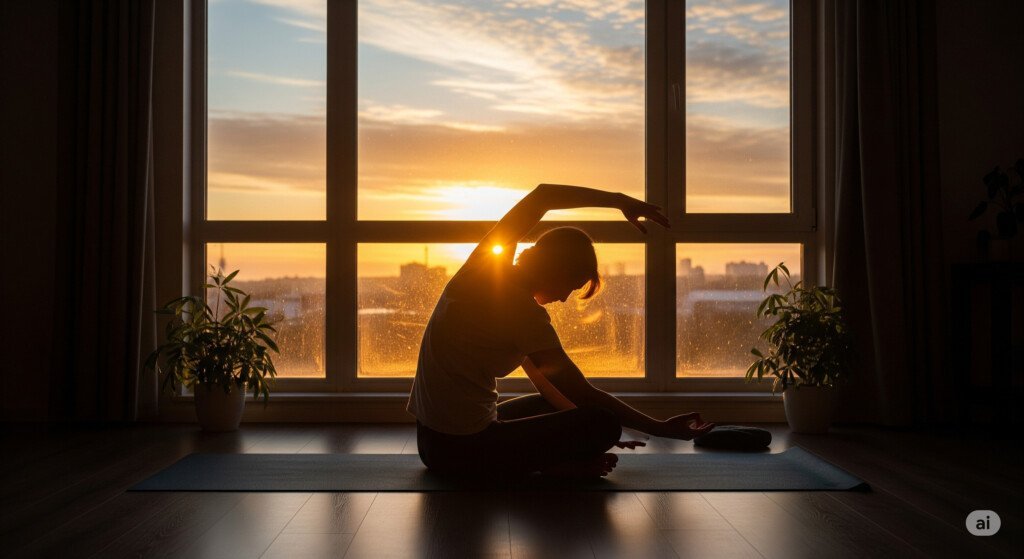 Peaceful sunrise yoga practice at home with soft morning light