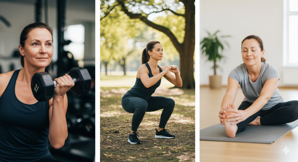 A collage of a person exercising, showing a combination of strength training and stretching, illustrating an effective exercise plan after 40