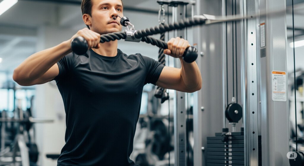 An individual performing a cable upright row with a rope attachment, showcasing the benefits of constant tension during the exercise.