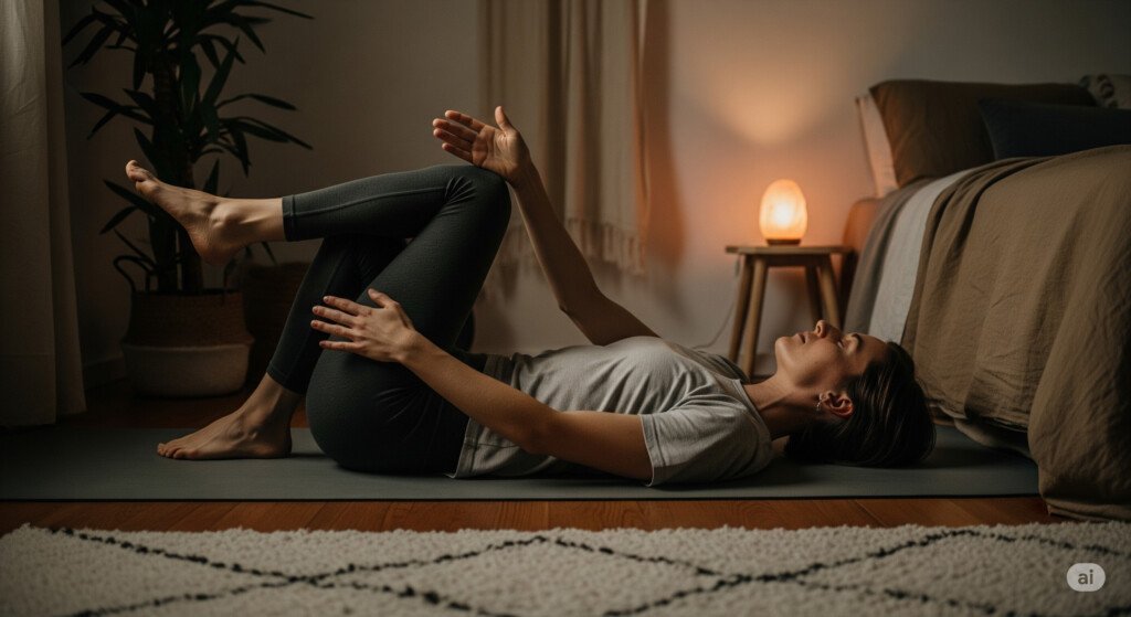 Reclined Spinal Twist bedtime yoga stretch to release back tension before sleep