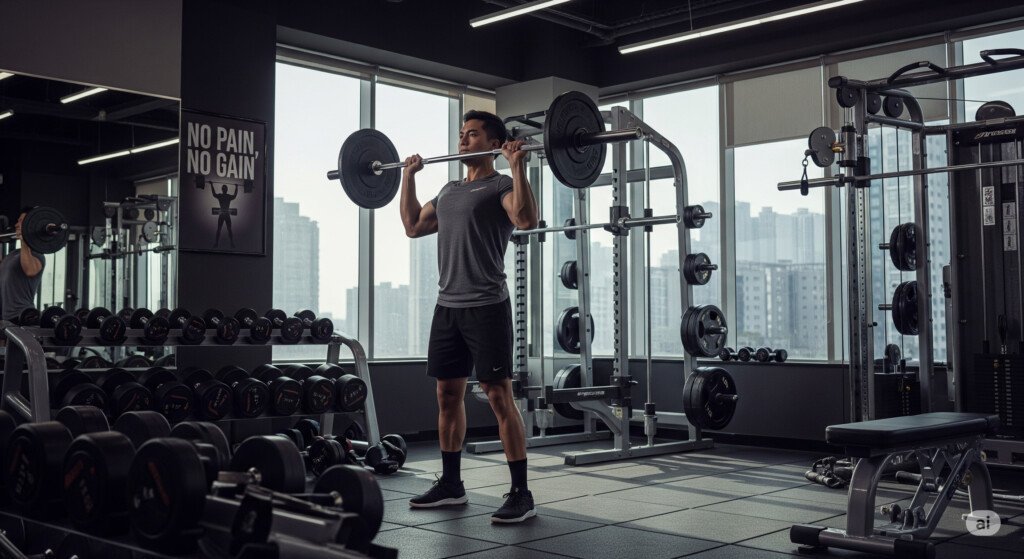A person performing the upright row exercise in a gym, focusing on proper form for shoulder and trap development.