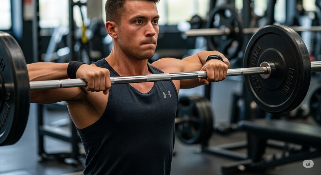 Person performing an upright row with a barbell, focusing on shoulders and traps
