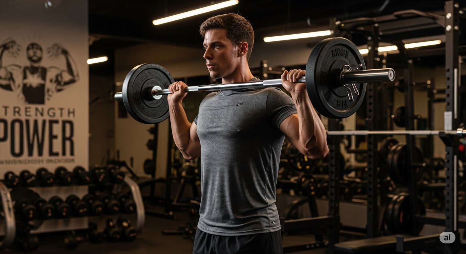 Person performing an upright row with a barbell in a gym, focusing on shoulders, traps, and upper back muscles