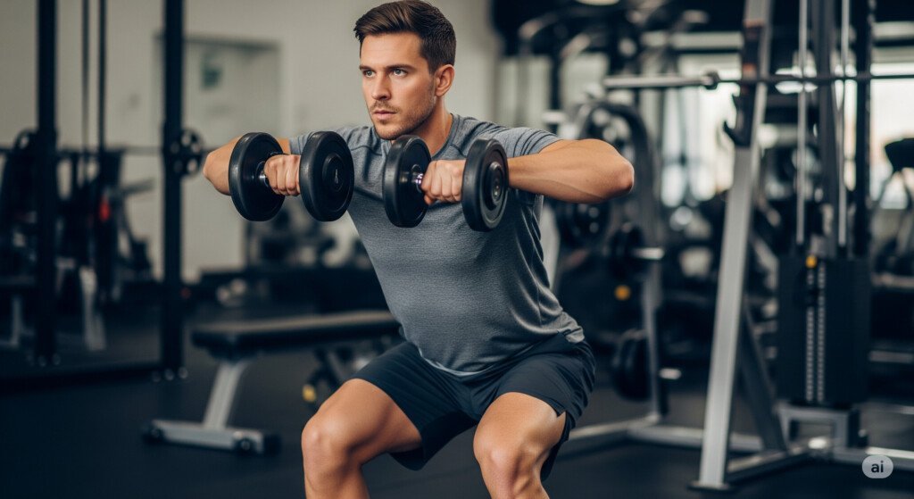 Individual using dumbbells for an upright row, targeting the deltoids and upper back.