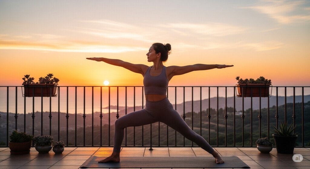 Yoga practitioner doing a sunrise flow on a mat with the morning sun rising