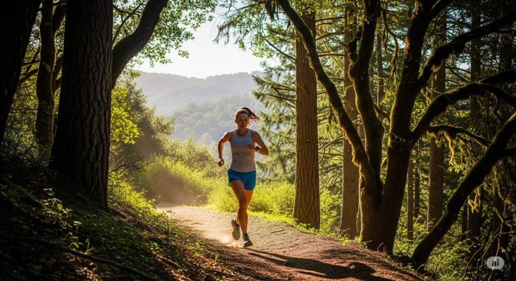 Running outdoors, especially on trails, reduces stress and improves mental health, boosting mood and reducing anxiety