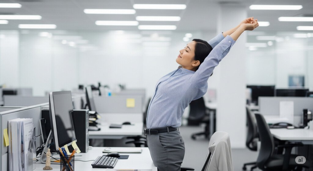 Taking breaks from sitting by standing and stretching helps reduce back pain and improve circulation