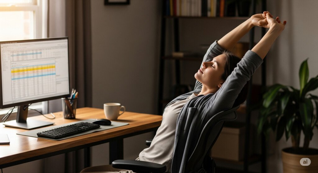 Stretching throughout the day improves flexibility and circulation, especially after long periods of sitting