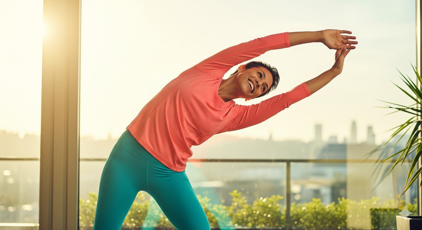 A person stretches gracefully in a bright, sunlit room, embodying the energy and positive start to the day that morning exercise provides.