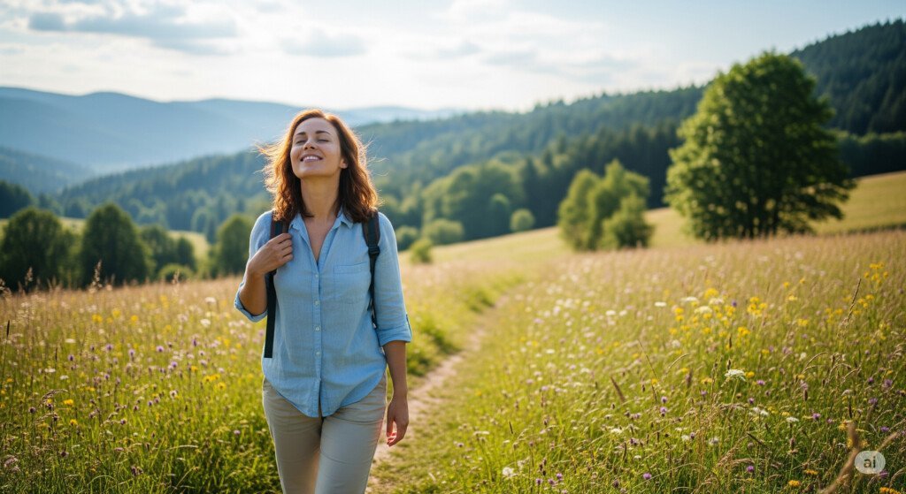 a woman walking in a fieldWalking regularly helps improve cardiovascular health, supports weight loss, and may increase lifespan