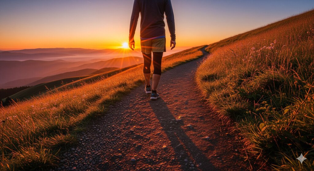 A scenic photograph of a person walking on a path during sunrise, illustrating a simple and effective morning cardio workout for fat loss.