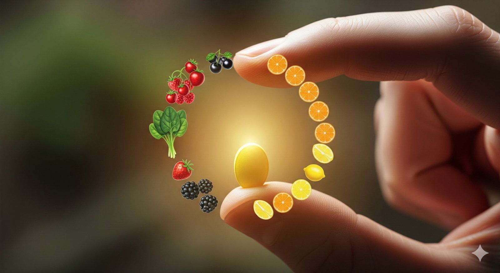 A person holding a vitamin pill surrounded by natural food sources, emphasizing the importance of getting vitamins from a balanced diet for weight loss