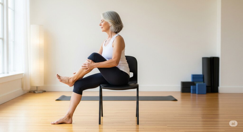 Chair yoga hip opener for seniors using seated ankle-to-knee stretch