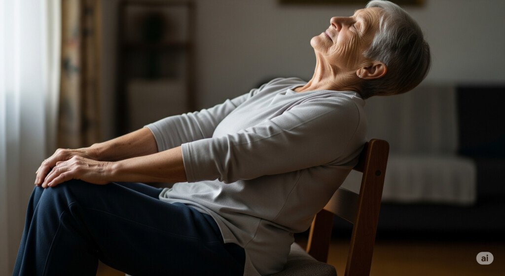 Seated Cat-Cow stretch for elderly fitness and spinal mobility.