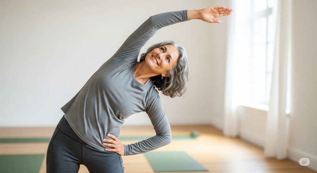 Chair yoga side stretch to improve flexibility for older adults.