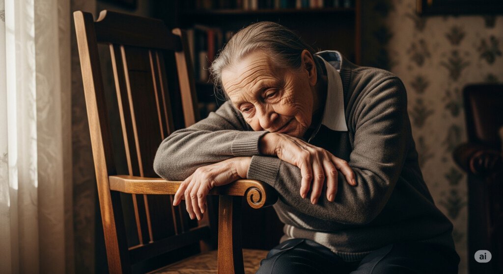 Seated spinal twist yoga pose for seniors to ease back stiffness