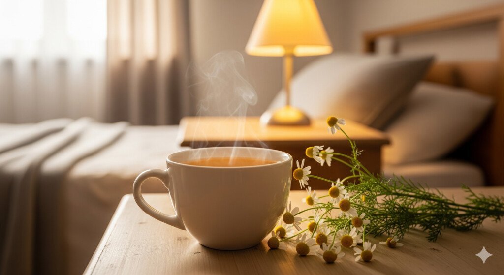 A soothing cup of chamomile tea and fresh chamomile flowers, representing the link between calming tea and a healthy metabolism