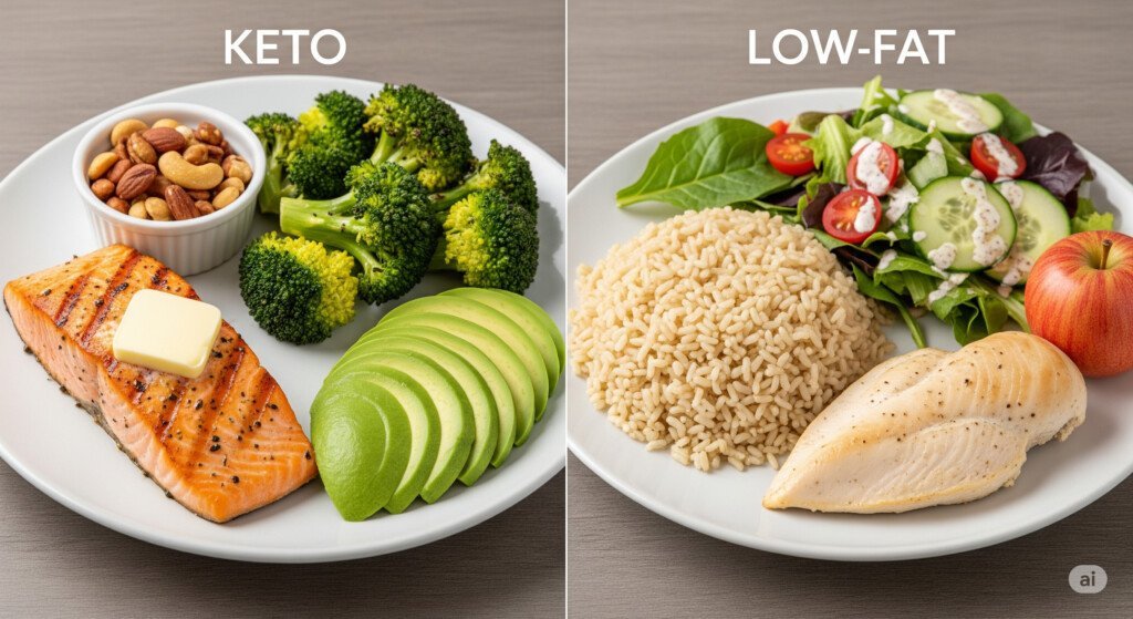 Comparison of keto diet plate with high fat foods and low fat diet plate with vegetables and grains
