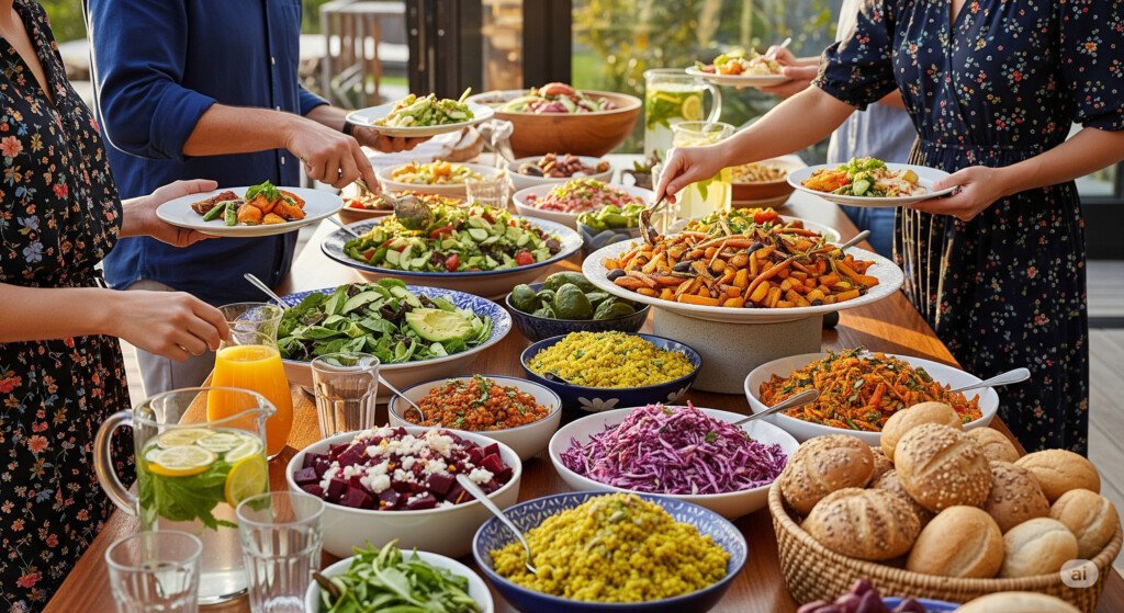 Healthy vegetarian meal spread for International Yoga Day celebration.
