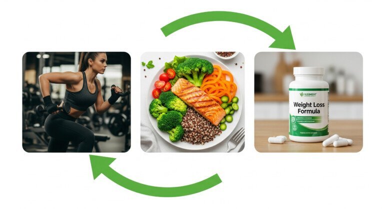 A graphic showing the three core components of a healthy weight loss plan: exercise, nutrition, and supplements working together in synergy