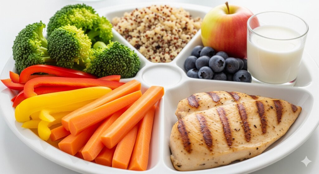 A photo of a plate with a balanced diet, including lean protein, complex carbohydrates, and vegetables, representing the best diet after 40
