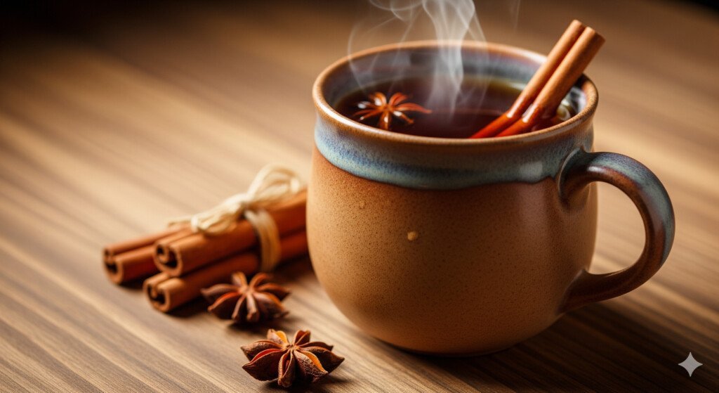 A photo of a mug of cinnamon tea with cinnamon sticks, illustrating its potential role in aiding fat loss and blood sugar regulation