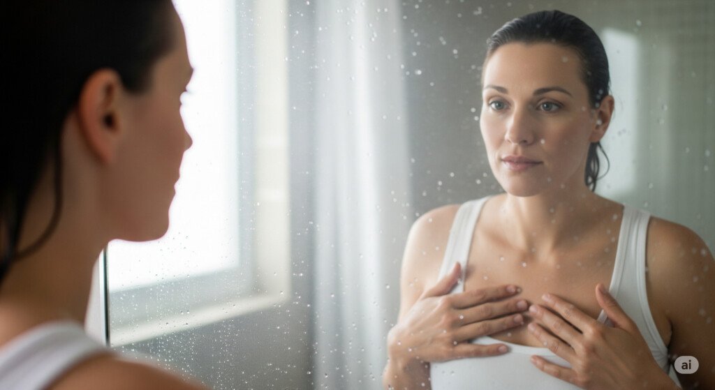 Woman looking in the mirror, curious about the potential effects of birth control on breast size