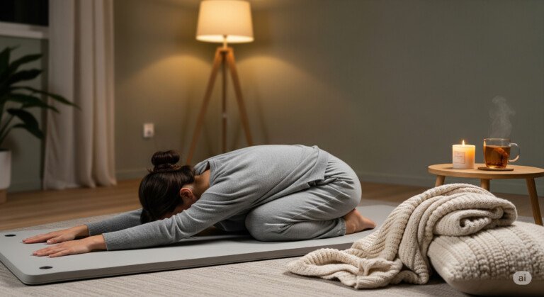 Woman practicing yoga for period cramps in Child’s Pose with cozy blanket and warm lighting for menstrual pain relief.