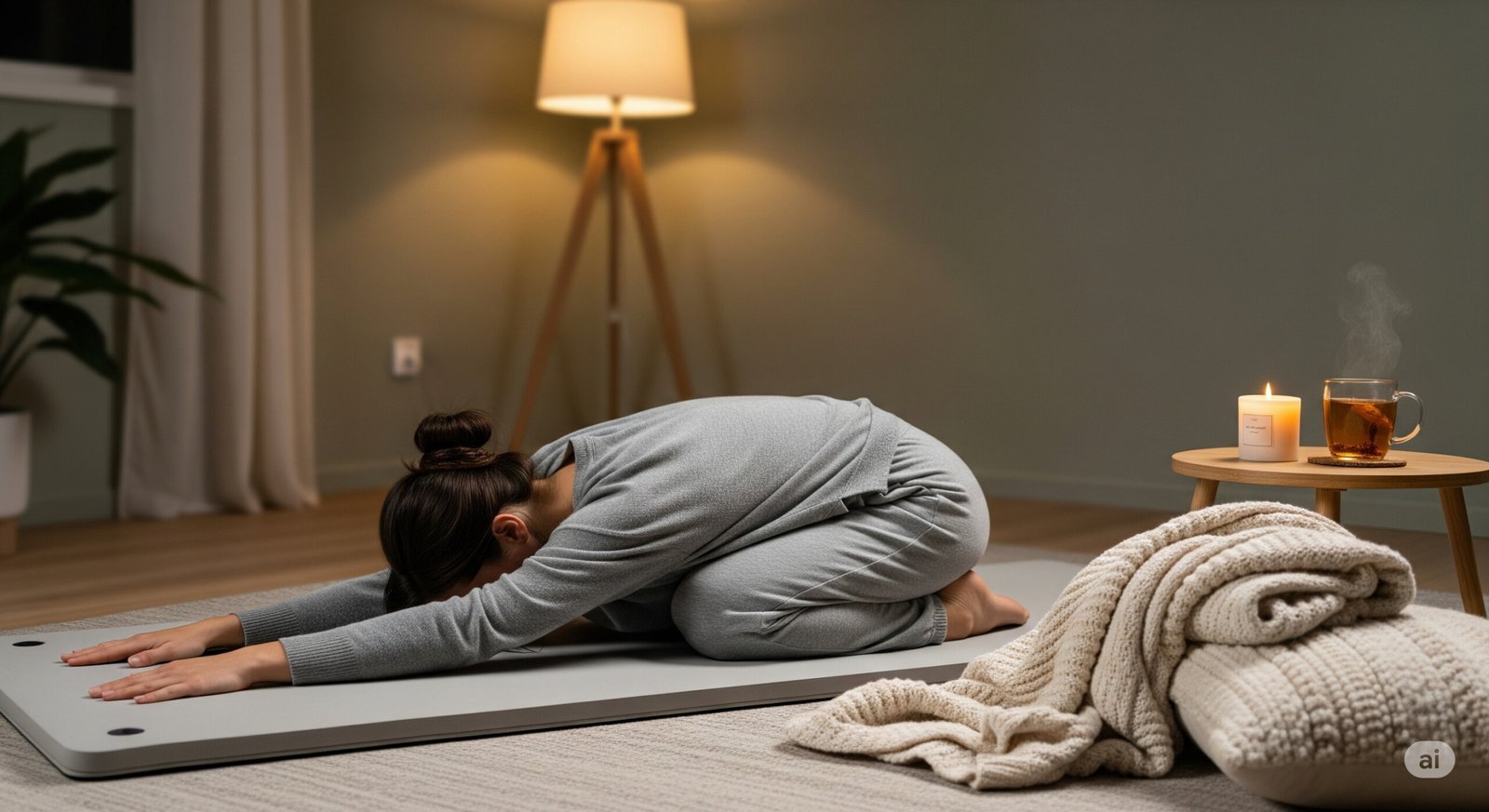 Woman practicing yoga for period cramps in Child’s Pose with cozy blanket and warm lighting for menstrual pain relief.