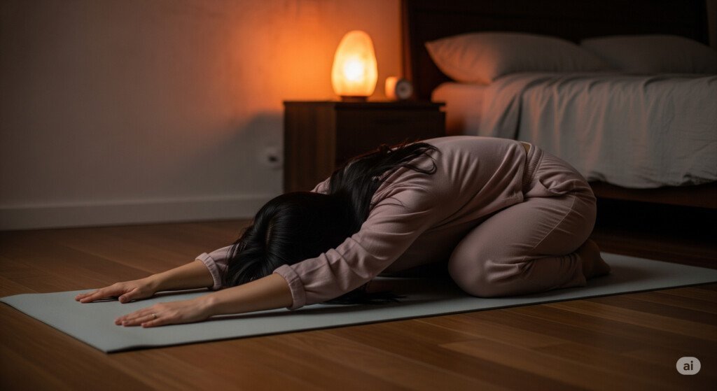 Woman practicing bedtime yoga poses in a cozy bedroom with warm lighting to promote deep sleep.