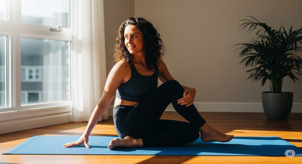 Seated Spinal Twist yoga pose for digestion and gas relief.
